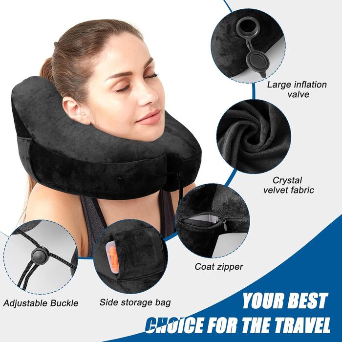 Подушка для шиї в літак, авто: надувна з капюшоном, для дорослих, Travel Pillow, чорна