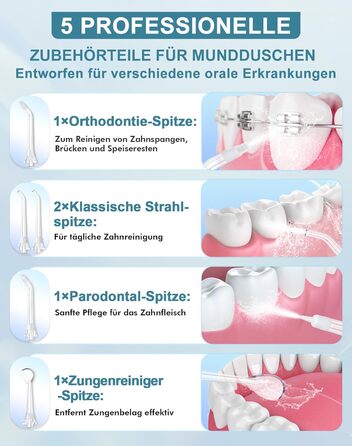 Бездротова іригатор для порожнини рота Munddusche з 5 режимами, 8 рівнями інтенсивності та 3 насадками, об'єм резервуару 300 мл, водонепроникний (IPX7), ідеально для подорожей