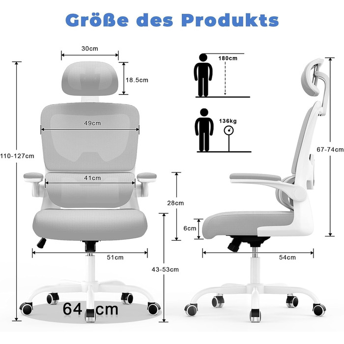 Офісний стіл Bürostuhl: ергономічний крісло з регульованою підголівником, підлокітниками та підтримкою попереку. Динамічний поворотний стілець з дихаючою сіткою для дому та офісу (Сірий 2, з підголівником)