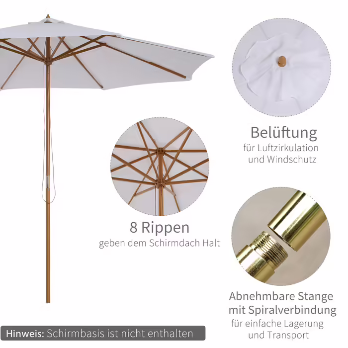 Outsunny Wooden Parasol 300 cm Wooden Umbrella Garden Umbrella Balcony Umbrella Bamboo Cream White | Aosom