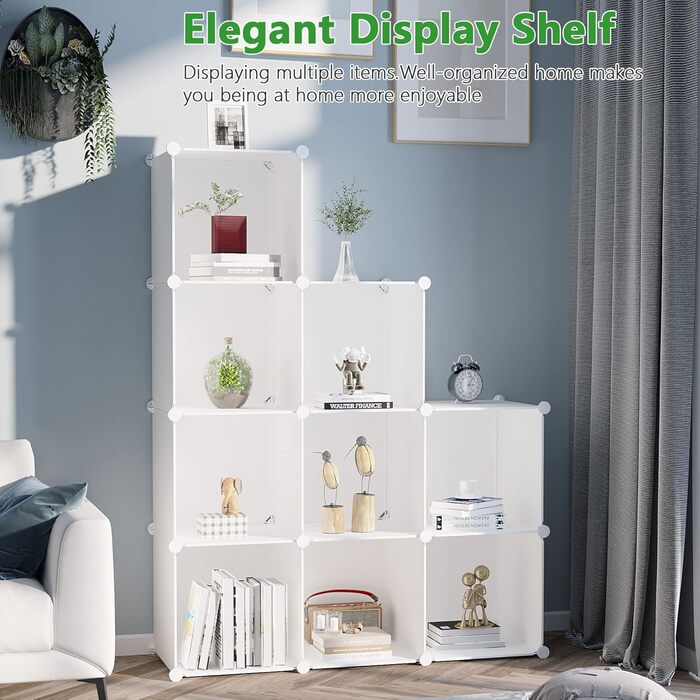 C&AHOME UPCS09M Cube Storage Organizer, 9-Cube Shelves, Closet Cabinet, DIY, Plastic, Modular Bookshelf, ideal for bedroom, living room, milky white