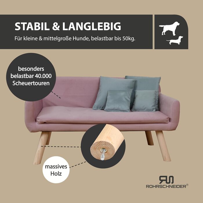 Диванчик для собак Chicago | Водостійкий лежак для собак маленьких та середніх порід | Макс. вага 50 кг | З міцної деревини | Виготовлено в ЄС | Розміри: 103x57x50 см | Сумка для відходів (рожева)