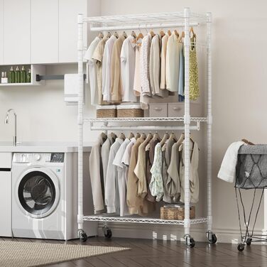 Double Clothes Rack/Garment Rod with Adjustable Shelves, Heavy-Duty Clothes Rack with 2 Hooks, Rolling Clothes Rack, 90 * 42 * 205cm, White (White, 60*42*205cm)