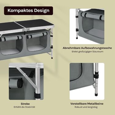 Складний алюмінієвий кемпінговий стіл-шафа WOLTU з регульованою висотою, чорно-сірий. Меблі для пікніка, пляжу, саду.