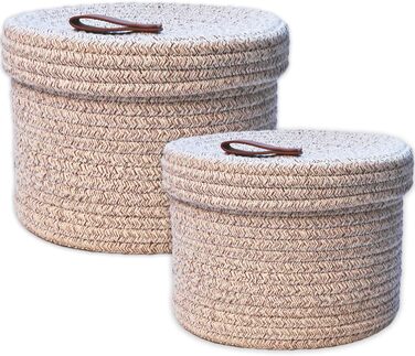 Yearonan 2 PIECE Cosmetic Storage Basket with Lid Storage Box Natural Cotton Yarn Material Washable Decorative Basket Leather Label Handle Storage Basket Set 30X17(cm)/25X13.5(cm) (White)
