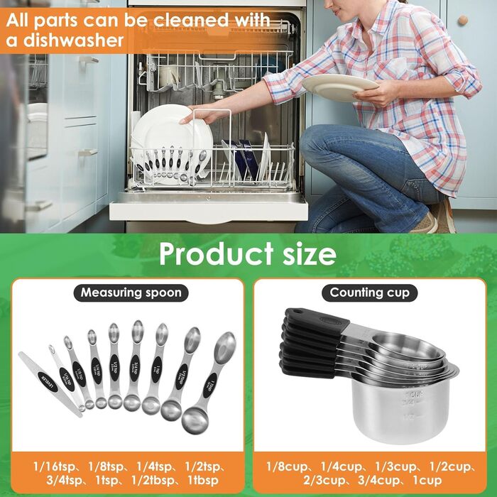 Magnetic Measuring Cup and Spoon Set with Strong Magnets, Durable Stainless Steel Measuring Cup and Spoon Set, Fits Most Kitchen Spice Jars for Baking and Cooking, 15-Piece Set with