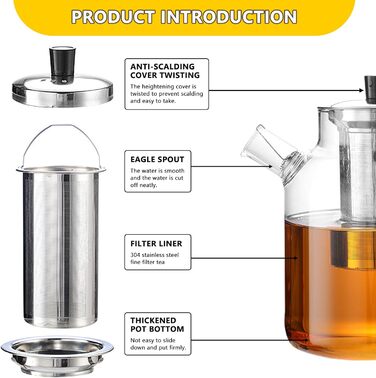 Скляна чайниця 1,8L з ситечком та підставкою – Borosilikatglas, для листового чаю та пакетиків, миється в посудомийній машині