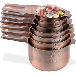 Smithcraft Copper Measuring Cup Set, 7 Piece, Metric and US Stainless Steel Measuring Cups for Kitchen & Baking, Metal Measuring Cups for Dry and Liquid Ingredients, Nesting