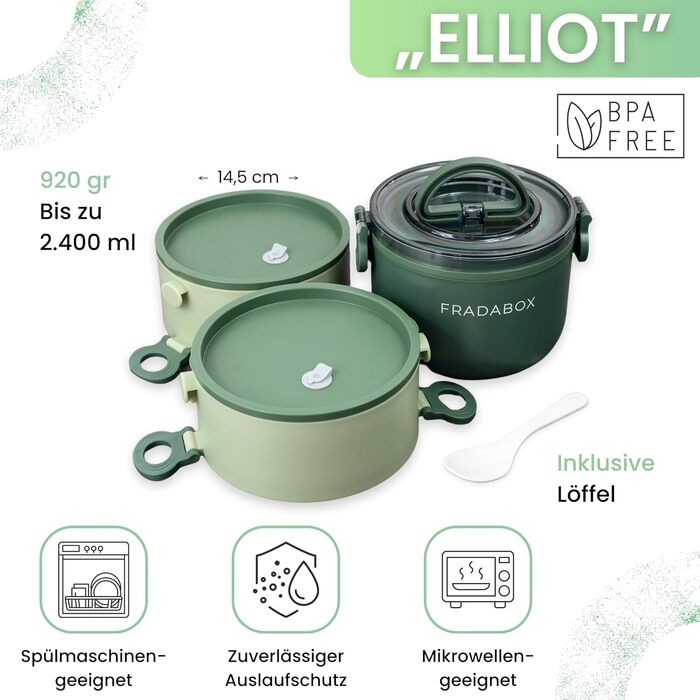 Бенто-бокс 'Elliot' 2400 мл, 3 секції з посудом, преміум нержавіюча сталь, зелений, без BPA, велика ланчбокс для дорослих, для Meal Prep, витримує мікрохвильову піч, не протікає