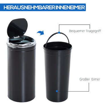 HOMCOM Sensor Trash Can 42L, Electric Automatic Waste Bin with Lid, Stainless Steel, for Bathroom, Office, Kitchen, Dining Room, Steel, Black | Aosom