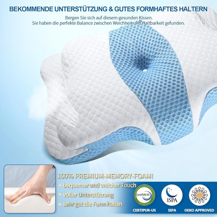 Подушка з піною з пам'яті CHxxy, ортопедична для шиї та підтримки плечей, ергономічна, для сну на боці, на животі та на спині (блакитний)