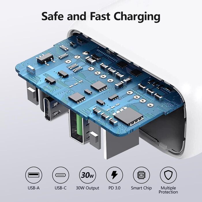 Швидкий зарядний пристрій Envircell USB-C GaN 30W з 2 портами (USB-C та USB-A), PD 3.0, білий. Сумісний з iPhone, Samsung та іншими телефонами.