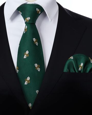 HISDERN Комплект краватки та нагрудного хустинки для чоловіків, зелено-жовтий принт, класичний стиль, для весілля та ділових зустрічей