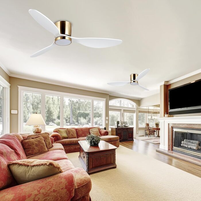 Стеляний вентилятор Reiga з LED-підсвічуванням та пультом керування, 132 см, тихий DC-двигун, 3 колірні температури, 3-лопатевий дизайн з дерева для спальні, вітальні та кухні, білий, монтаж на стелю