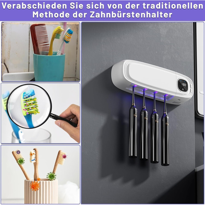 Стерилізатор зубних щіток Maxspace з УФ-випромінюванням, настінний, 4 слоти, для ванної кімнати (білий)