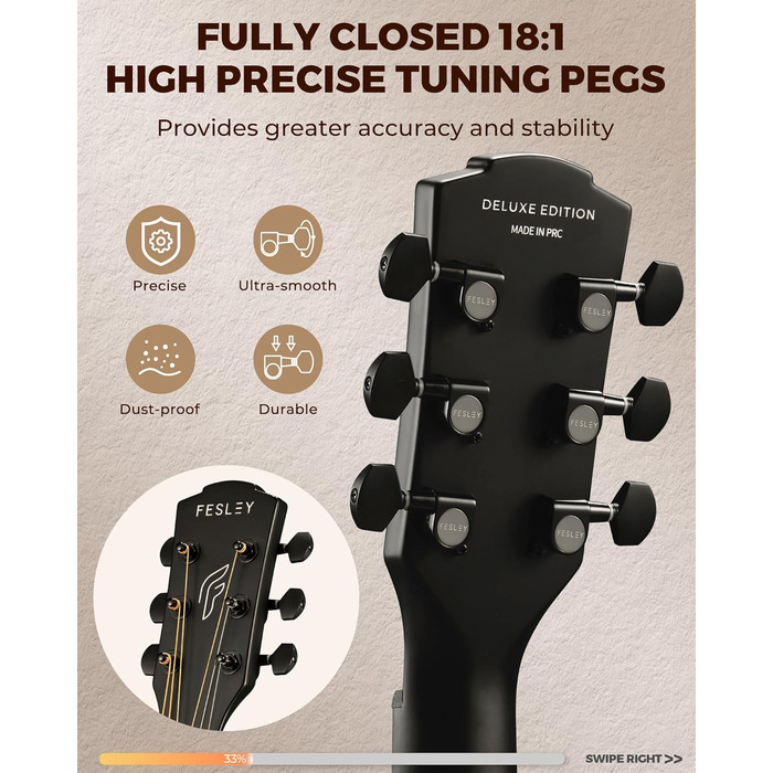 Акустична гітара Fesley X Kit FD60C, 41 дюйм, 6 струн, чорний колір, для початківців, з аксесуарами