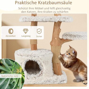 Дерев'яний кігтеточка SOARS для котів з 3 природними стовбурами, ліжком та плюшевими поверхнями, кігтеточка з іграшковим м'ячиком та джутовим мотузком, багатоповерхова, 49 x 59 x 110 см, білий