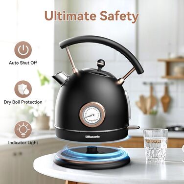 Електричний чайник Tro 1.8 л, нержавіюча сталь, 3 кВт, швидке кип'ятіння, регулятор температури, LED-підсвітка, автовимкнення, для дому, кухні, офісу, розкішного готелю (матова чорна та рожева золота)