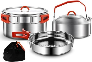 Набір посуду для кемпінгу з нержавіючої сталі 304, 1-2 особи. Посуд для туризму, похідний набір з каструлею, сковородою з антипригарним покриттям та чайником у сітчастій сумці