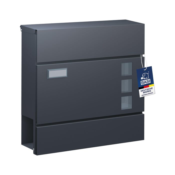 Поштова скринька BASI з м'яким закриттям, оглядовим вікном та табличкою для імені, DIN A4, з 2 ключами, вбудованим відділенням для газет, антрацит, настінна (H37x37x10.4 см)