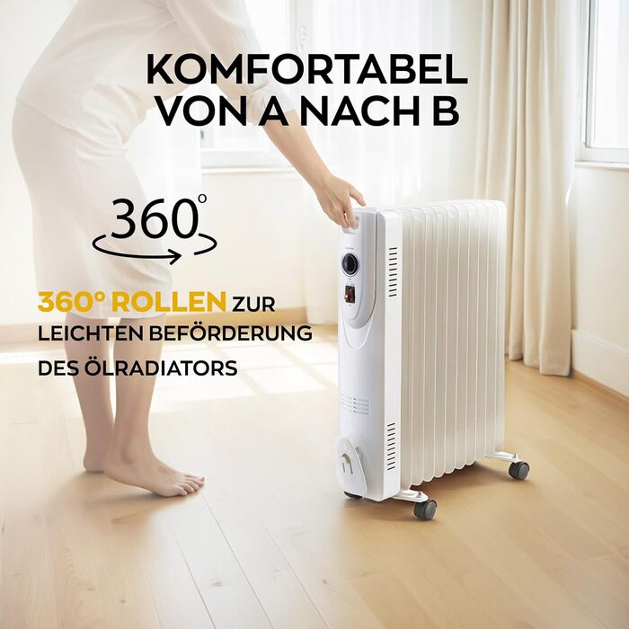 Електричний масляний радіатор Heinrich з 13 ребрами, 2500W, з вентилятором, терморегулятором, захистом від перегріву та нахилу, чорний (білий 11 ребер)