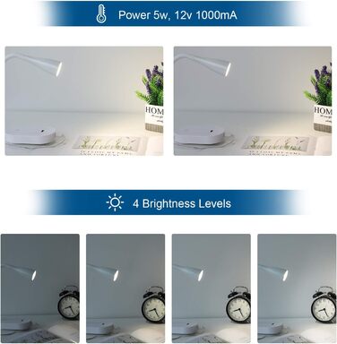 Нічник-лампа для читання Wandleuchte з USB, 5 рівнів яскравості, сенсорне керування, гнучкий кронштейн, білий