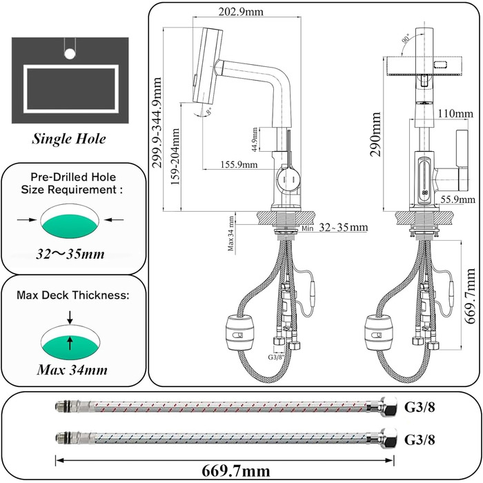 Чорний кухонний змішувач з висувною лійкою, 3 режими, LED-індикатор температури, поворотний на 360°, для високого тиску, регульована висота