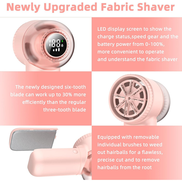 Електричний видалення пілінгу для одягу - портативний збриювач для одягу з 3 швидкостями, 6 лез, LED дисплеєм, рожевий