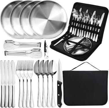 Набір посуду для кемпінгу MOMAHUA на 2 особи (10 шт.): нержавіюча сталь, для пікніків та подорожей, з сумкою для багаторазового використання. Срібний набір посуду на 4 особи