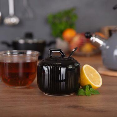 Цукорниця керамічна з бамбуковою кришкою та ложкою, цукровий контейнер (смужки, чорний глянц)