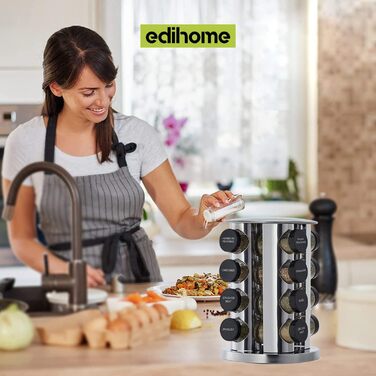 Обертова полиця-органайзер для спецій edihome, 16 баночок з кришками, алюміній, з етикетками, 360°, металик