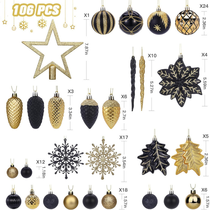 Набір прикрас для ялинки Shareconn: 106 шт., 24 кольори, ударостійкі кулі, декор для ялинки, свята, весілля (чорний та шампань-золото)