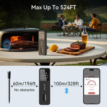 BFOUR Wireless Meat Thermometer Grill Thermometer Bluetooth with App, IP67 Waterproof Core Temperature Probe, Large Display Cooking Thermometer, App Control, for Grill, Oven, Rotisserie