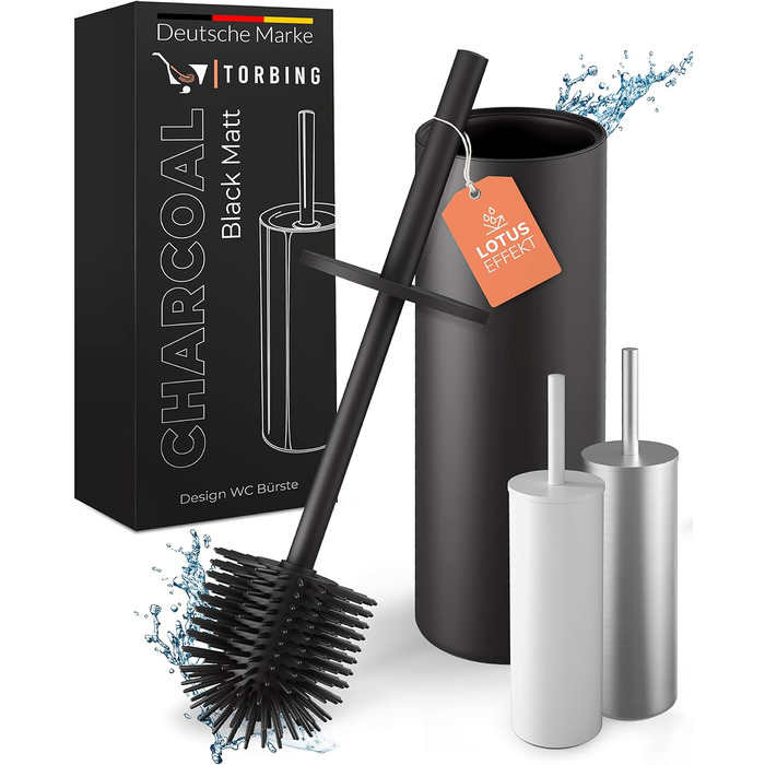 Торбінг Дизайн Туалетний Щітка з Нержавіючої Сталі - Якісна Щітка з Закритим Тримачем - Силіконова Щітка з Ефектом Лотоса - Сучасний Дизайн - Елегантні Кольори - Подовжений Рукоятка (Чорний Матовий Вугільний)