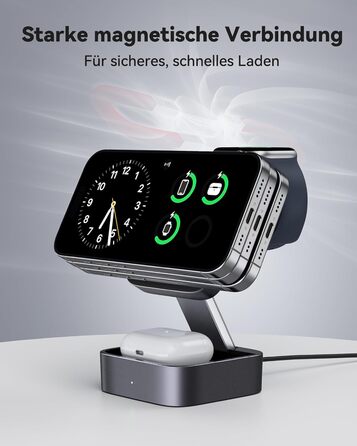 База для зарядки 3-в-1 для Apple: магнітна складна бездротова зарядка з MagSafe для iPhone 17/16/15/14/13/12, Apple Watch та AirPods Pro/4/3/2, чорний