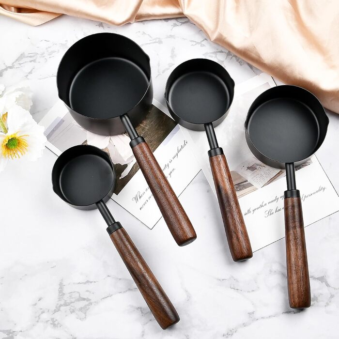 Measuring cup with wooden handle, black stainless steel measuring cup set, dog food scoop for kitchen, flour, spices, measuring, cooking (1, 1/2, 1/3, 1/4 cup)