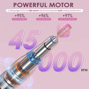 Професійна електрична фрезер для нігтів 45000 RPM, портативна, для манікюру та педикюру, рожева