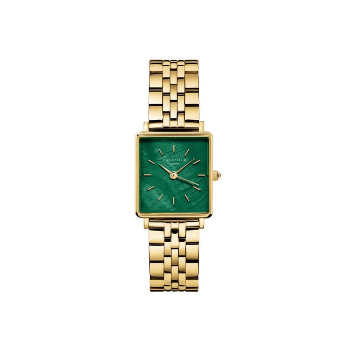 Жіночий годинник Rosefield Boxy XS з білим циферблатом Sunray, золотистий корпус та зелений ремінець, 22x24 мм