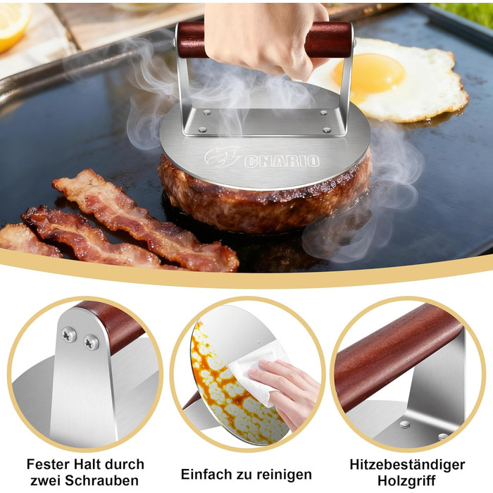 Професійна преса для smash burger CNARIO з нержавіючої сталі 16 см, пристрій для формування котлет з дерев'яною ручкою для гриля та BBQ