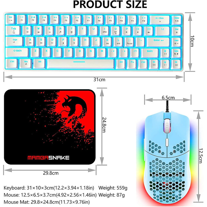 RGB ігровий комплект клавіатури та миші: компактна клавіатура 68 клавіш з червоним перемикачем, миша 6400DPI з програмуванням, сумісна з Windows, Mac, PS4, білий (BlueSwitch CoolBlue Backlit Keyboard White + Green Mouse)