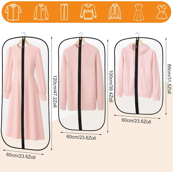 12 містких мішечків для одягу Dntorx, 60x100 см, PEVA, прозорі, з блискавкою. Захист для костюмів, сорочок, пальто.