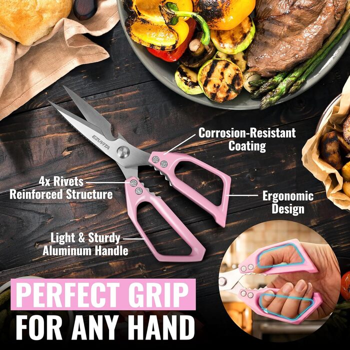 Набір кухонних ножиць 5-в-1 з пінцетом, кухонні ножиці з титановим покриттям, нержавіюча сталь, придатні для миття в посудомийній машині, універсальні ножиці для кухні, птиці, риби, м'яса (рожеві)