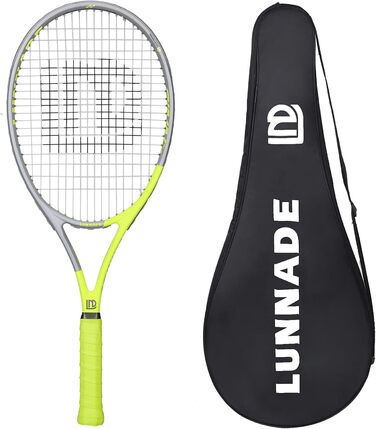 LUNNADE Adult Tennis Racket - 27 Inch Durable & Lightweight, Pre-strung & Regrip, Beginner to Advanced - Grey Head