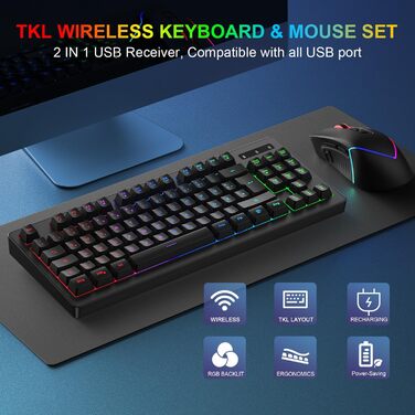 Бездротовий ігровий набір клавіатури та миші, DE Layout QWERTZ, RGB підсвічування, ергономічна миша, компактна клавіатура для PC, Mac, Xbox, PS5