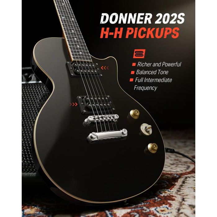 Електрогітара Donner Set LP-стиль 39 дюймів (Чорний) з чохлом, ременем та кабелем