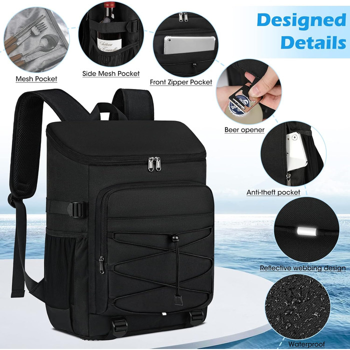 NUBILY 30L Insulated Cooler Backpack - Waterproof Cooler Bag Backpack - Large Insulated Cooler Bag - Thermo Lunch Bag for Camping, Outdoor Activities, Travel, BBQ, Hiking - Black