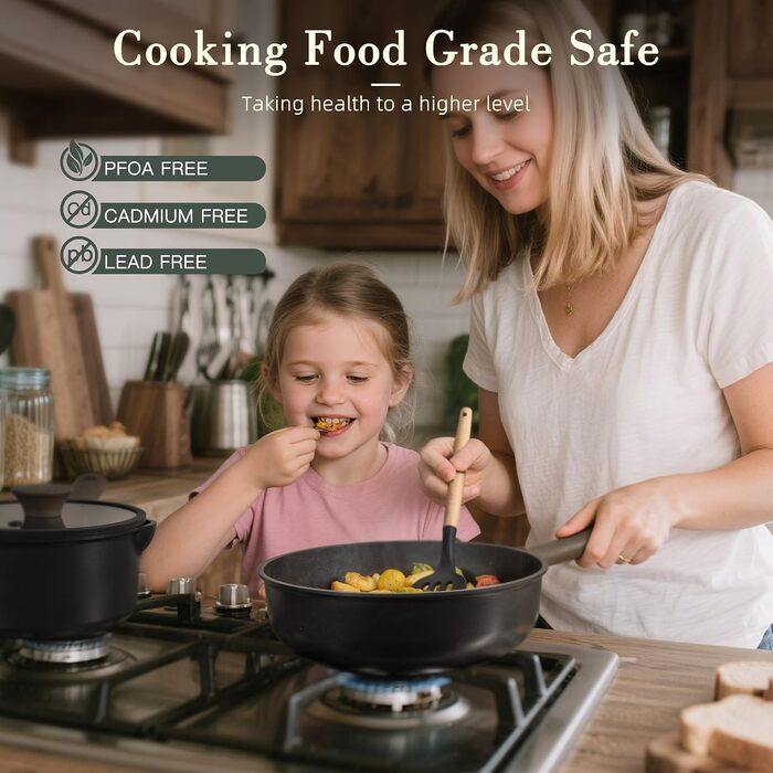 Набір посуду Astercook (19 предметів): каструлі та сковорідки з титановим антипригарним покриттям для індукційних плит, без PTFE, PFOA та PFOS, чорний