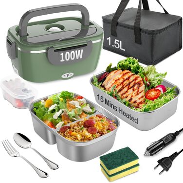 Electric Lunch Box 100W, 3-in-1 Portable Heated Lunch Box, 1.5L Stainless Steel Removable Food Container, 12V/24V/220V Insulated Food Warmer Box for Car/Truck/Office (Green & Gray, 1.5 L)