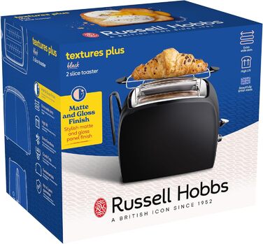 Тостер Russell Hobbs Textures+ з 2-ма тостами, чорний (850W, 6 рівнів підсмажування, підставка для бургерів, щипці)