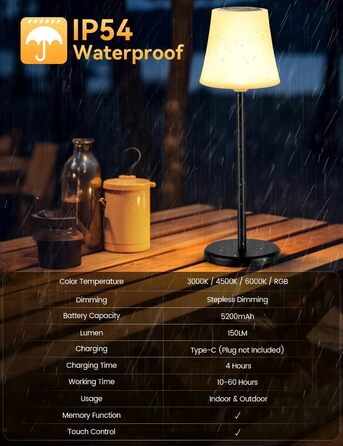 LED настільна лампа акумуляторна 2 шт, біла, IP54, диммування, сенсорне управління, для ресторанів, спальні